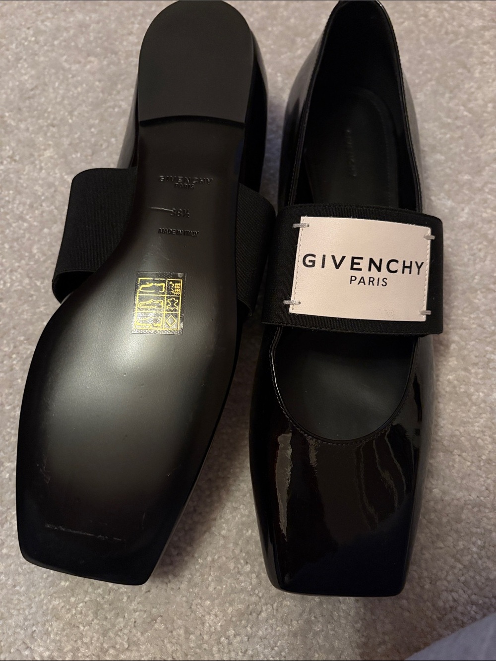 Brand New Givenchy Black Patent Leather Logo Strap Flats with White Logo Patch - Picture 2 of 2